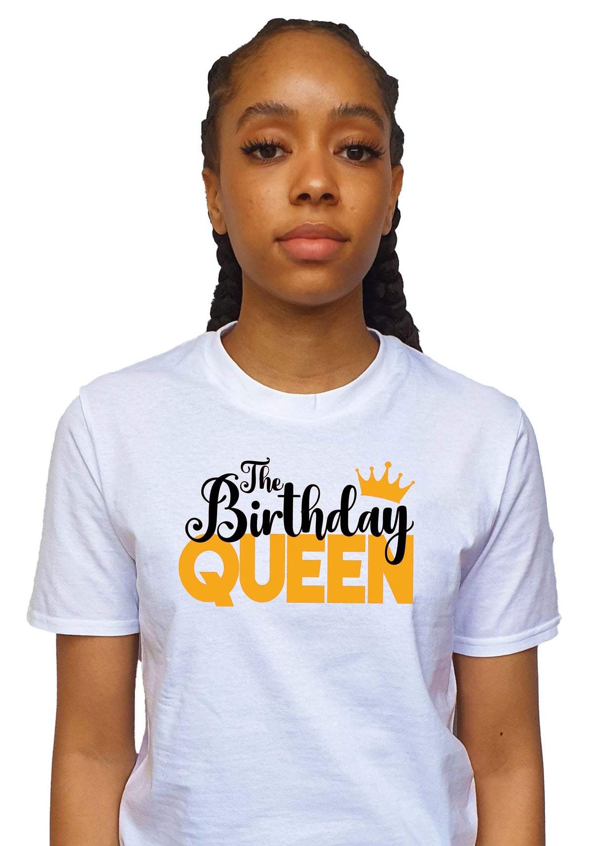 Women's T-Shirts - White and Black T-Shirt with Black, White and Gold Vinyl - The Birthday Queen