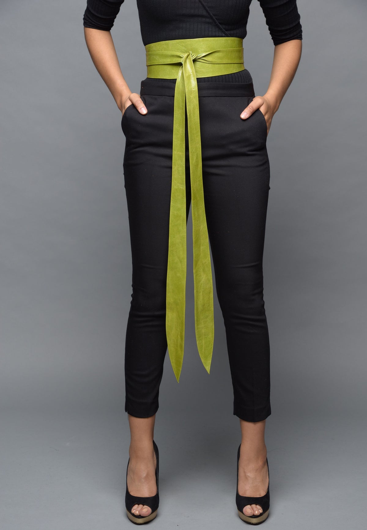 Women's Accessories - Green Leather Obi Belt