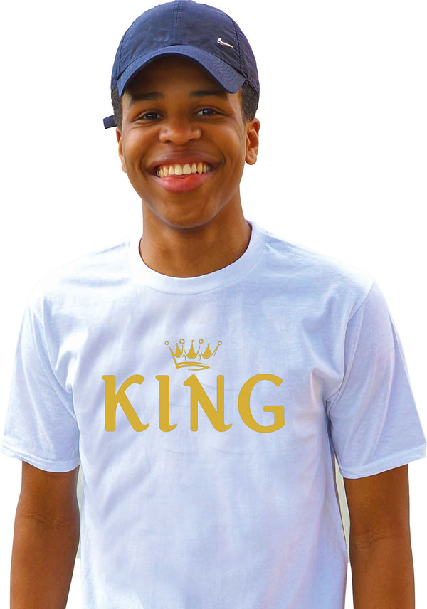Men's T-Shirt - White and Black T-Shirt with KING Gold Vinyl
