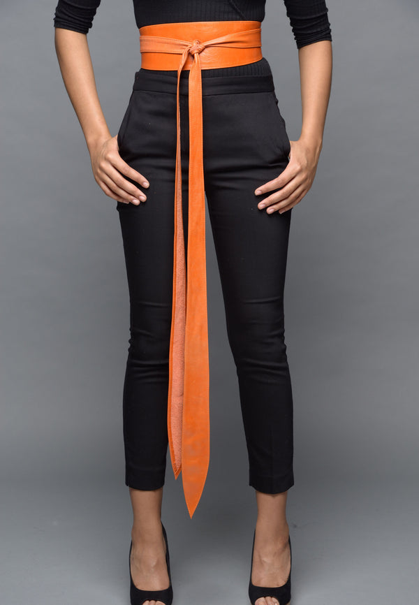 Women's Accessories - Orange Leather Obi Belt