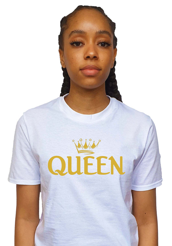 Women's T-Shirts - White and Black T-Shirt with Gold Vinyl Queen